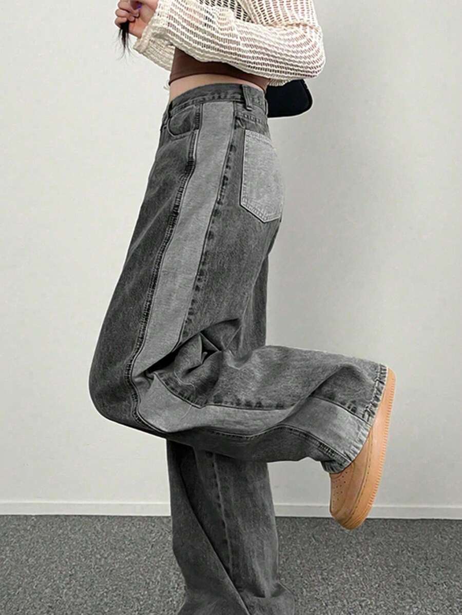 2025春夏新款复古宽松阔腿牛仔裤，休闲美式街头风高品质水洗直筒裤，女士款 - 灰色 - 查看 1