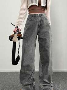 2025春夏新款复古宽松阔腿牛仔裤，休闲美式街头风高品质水洗直筒裤，女士款 - 灰色 - 查看 2