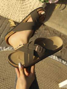 女士新款软木鞋底交叉绑带搭扣休闲拖鞋，复古简约户外休闲多功能露趾室内/室外人字拖，舒适时尚，适合通勤和日常穿着 - 橄欖綠 - 查看 1