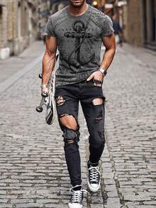 Men's Casual Anchor Print Short Sleeve Crew Neck T-Shirt, Summer - Black - View 5