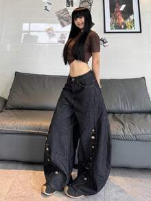 1件装女士日系街头风拼接纽扣筒状牛仔裤，宽松阔腿裤，舒适百搭牛仔裤（不含腰带/配饰）黑色休闲春季款 - 黑色 - 查看 11