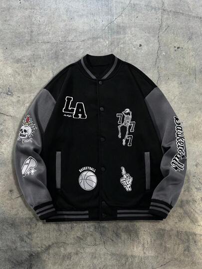 Men's Casual Skull Font Baseball Jacket, Fashion Versatile Outdoor Letter Baseball Contrast Color Jacket, Baseball Jacket, Baseball Bomber Jacket, Black Baseball Jacket, Streetwear, Gift For Men