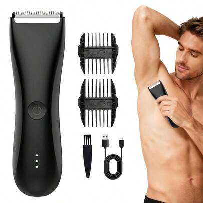 多功能男士电动体毛修剪器 - 男士电动理发器，配备陶瓷刀片、LED 指示灯和电池电量指示器，可修剪私处毛发、比基尼线，便携式旅行全身剃毛套装，节日礼物