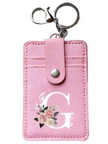 1pc PU Leather Minimalist Card Holder With Keychain, Floral & Alphabet A-Z Print, 2 Card Slots & 1 Transparent Front Pocket, Portable Wallet, Suitable For Business Cards, Credit Cards, ID Cards, Metro Cards, Can Be Hung On Backpacks Or Handbags, Great Gift For Birthday, Valentine's Day, New Year - Multicolor - View 10