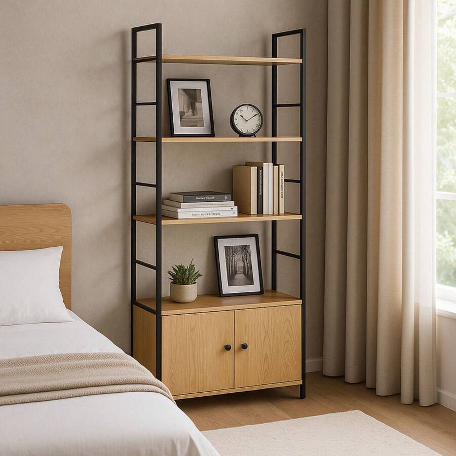 Estante de Madera y Hierro Nórdico con Armario ,Organizador de Libros y Decoración para Dormitorio,La elección perfecta para renovar tus muebles en 2026 - Marrón - Ver 1