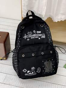 女士时尚大容量多口袋背包，卡通猫咪和星星印花设计，波点装饰，舒适加厚肩带，适合学生、通勤、旅行、休闲使用 - 黑色 - 查看 10