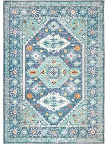 8x10 Area Rugs Living Room, Washable Non Slip Floral Floor Carpet, Low Pile Lightweight Print Rugs Bedroom, Dining Room, Home Office, Blue And Green, Trending Boho Style - 04blue - 查看 2