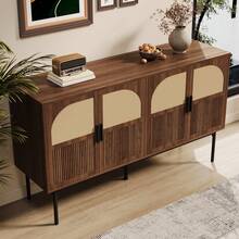 Sideboard 140 x 40 x 80 cm aus MDF mit Rattan und Walnuss Optik, Kommode mit vier Türen und Metallbeinen, Stauraummöbel für Wohnzimmer Esszimmer Flur im Retro Stil - Braun - Übersicht 2