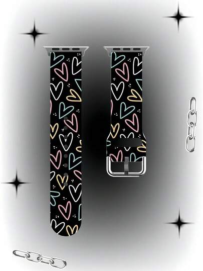 1条柔软弹力透气心形图案替换表带，兼容三星、佳明、荣耀智能手表，尺寸可选38mm、40mm、41mm、42mm、46mm、45mm、44mm、49mm；时尚休闲多色硅胶表带，兼容苹果手表Ultra SE/11/10/9/8/7/6/5/4/3/2/1