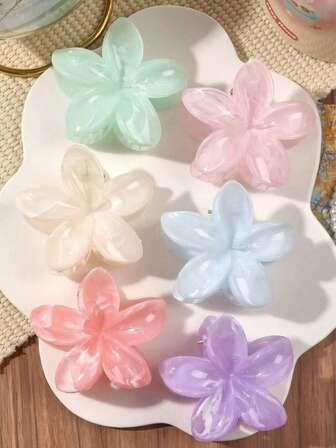 6pcs ABS Material Spring/Summer Candy Color Elegant Marble Gradient Daisy Flower Medium Sweet Hair Claw Clips, Beach Boho Style Hair Accessories