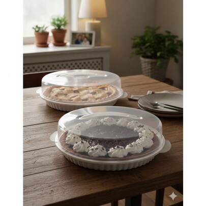 2-Pack Plastic Pie Carriers With Lids - Clear Dome With White Fluted Base – Fits 10" Pies – Freezer , Slide Lock, Built-In Handle – Pie Storage & Transport Set
