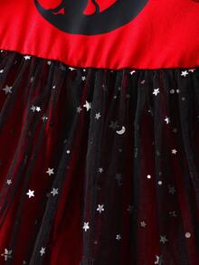 Young Girl' Contrast Mesh Shawl Strap Mesh Dress, Spring/Summer - Red and Black - View 6