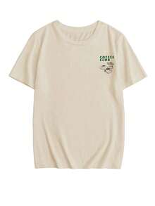 Summer New Simple Fashion Hand-Painted Moka Pot Coffee Utensil Letter Print Casual Round Neck Short Sleeve T-Shirt, Fashionable & Versatile Women Top - Apricot - View 5