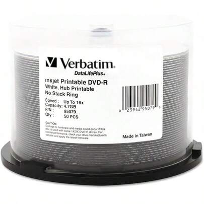 Verbatim DVD-R Blank Discs 4.7GB 16X DataLifePlus White Inkjet Printable Recordable Disc Hub Printable - 50pk Spindle 95079