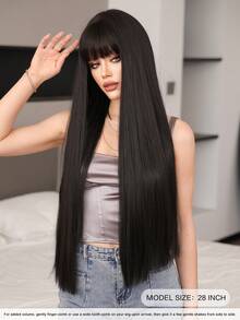 7JHH WIGS Tóc giả đen dài 28 inch dành cho nữ - Tóc giả thẳng bồng bềnh sang trọng với mái, sợi tổng hợp cao cấp chịu nhiệt màu đỏ tía, thích hợp sử dụng hàng ngày, cosplay & dự tiệc, quà tặng tốt nghiệp & quà tặng cho mẹ. - màu đen - Xem 5