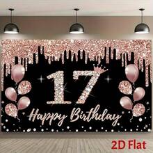 1 Stück 17. Geburtstags Party Hintergrund - Roségold, glänzende Sterne & Kronen Design, Polyester Fotografie Hintergrund, geeignet für Feier, Veranstaltung, Studio & Geburtstags Dekoration