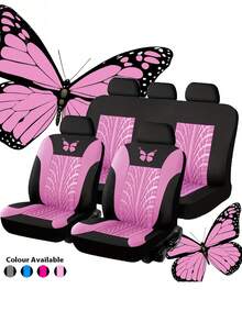 9pcs 4pcs Universal Fit Butterfly Pattern Embroidery Car Seat Covers - Polyester Fabric, All-Season, Airbag Compatible, Hand Washable - For SUV, Sedan, Van (4pcs Include 2-Seat & 9pcs Include 5-Seat Options)