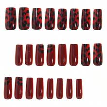 A Box Of 24 Pieces, Red Gradual Change Smudge Black Leopard Print Spots Glossy French White Fake Nails - 紅色 - 查看 2