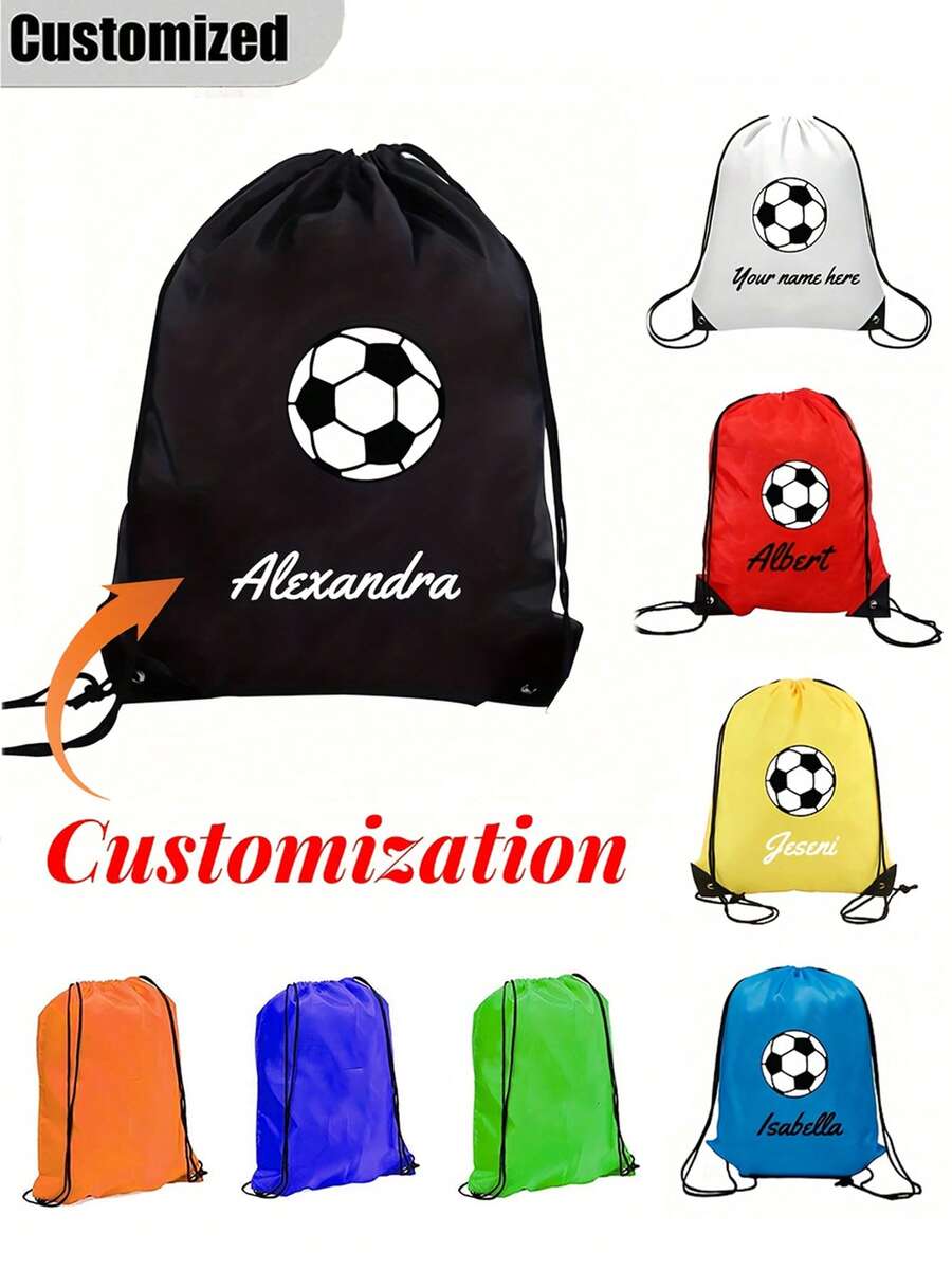 Mochila con cordón personalizada, mochila con cordón de fútbol personalizada, bolsa de gimnasio con cordón personalizada con estampado de fútbol y nombre/logo/texto personalizado, disponible en múltiples colores, adecuada para viajes, fitness y uso diario, opción de regalo ideal para atletas