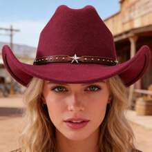 Western Style Cowgirl Cap Stylish Pentagram Leather Belt Decorated Wide Brimmed Fedora Hat For Men Women Outdoor Wear - Đỏ - Xem 4