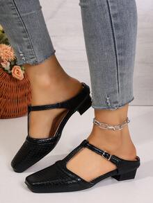 Zapatos de mujer de moda con hebilla de unicolor retro básico de piel de PU, adecuados para playa, boda, fiesta, oficina, exterior, hogar, primavera/verano, casual con patrón de diamante de hebilla de piel de PU para vacaciones - Negro - Ver 5