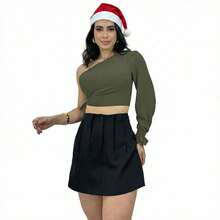 Women's Cropped Blouse With Mule Sleeve And One Shoulder Pads - 墨綠色 - 查看 1
