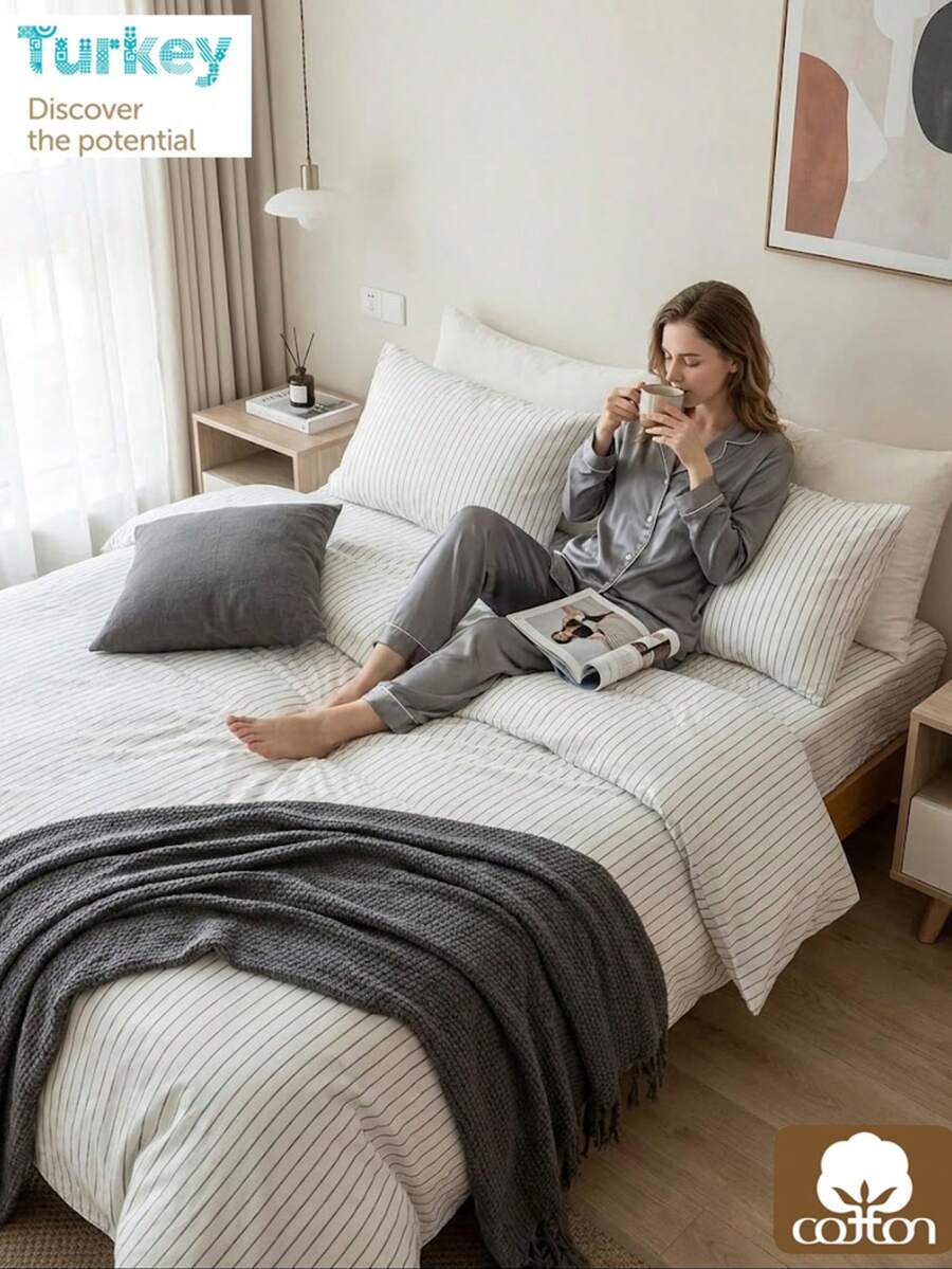 CAQQA 3 Pieces Turkish Cotton Woven Duvet Cover Set | Duvet Cover And Pillowcase, Modern Bedding For Bedroom, 135*200 Cm, 150*200 Cm, 200*200 Cm, 200*220 Cm, 220*240 Cm - trắng - Xem 1