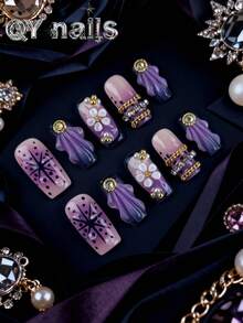 10片/套 方形美甲贴片，中号美甲，冬季美甲，可爱风格，新年礼物，可拆卸，适合派对、舞蹈、日常佩戴、学生聚会、上班族角色扮演，按压式可重复使用，附赠果冻胶和指甲锉等美甲用品 - 紫色 - 查看 9