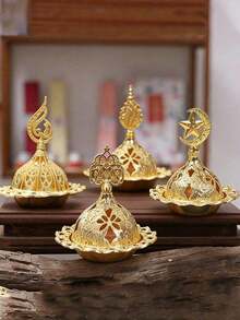1 Set Vintage Arabic Style Metal Incense Burner, Retro Gold Incense Holder Rack, Incense Ash Catcher Bowl, Desktop Miniature, Home Decor, Room Decor, Tabletop Decor, Creative Home Fragrance Gift - Gold - View 1