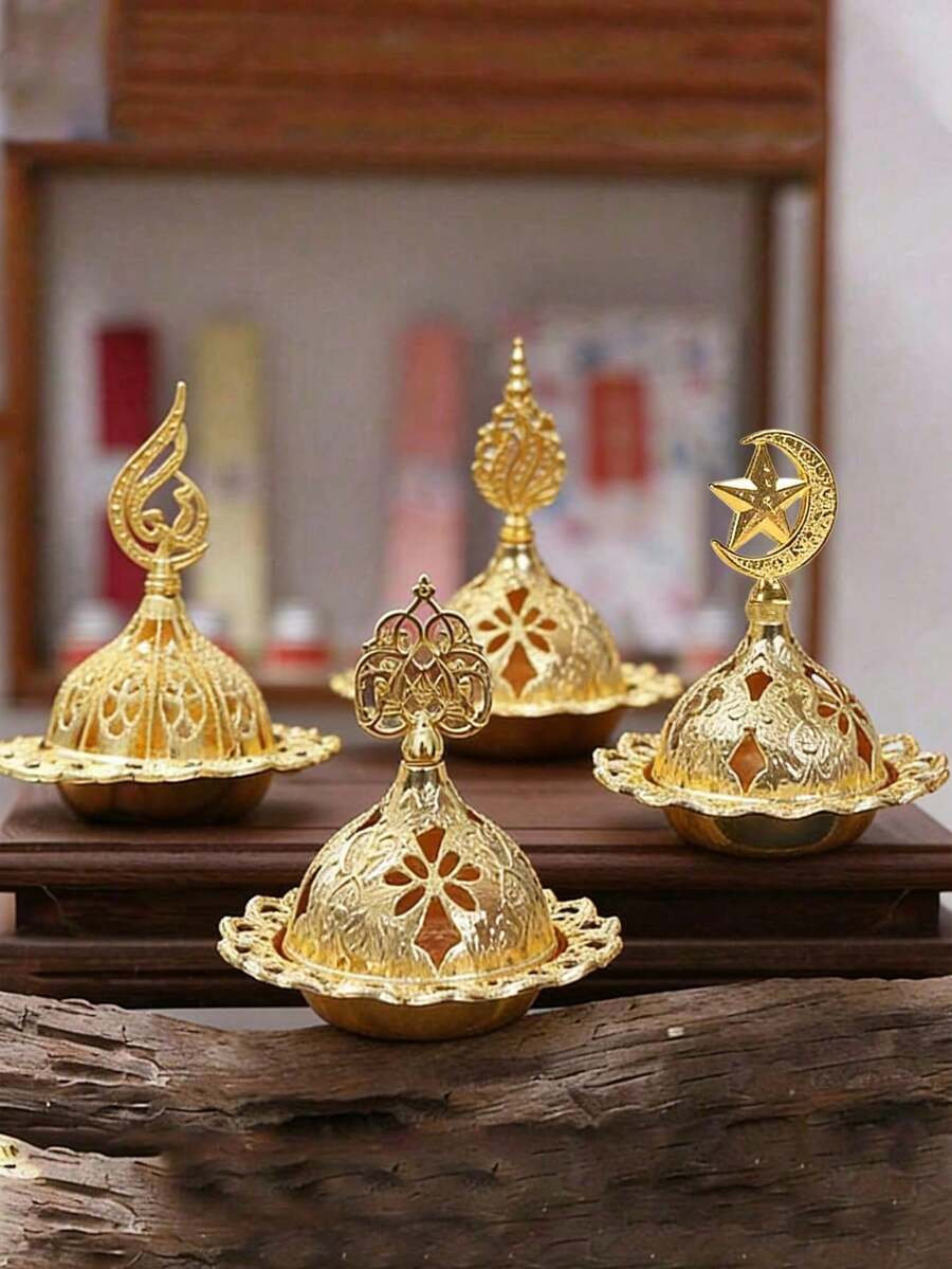 1 Set Vintage Arabic Style Metal Incense Burner, Retro Gold Incense Holder Rack, Incense Ash Catcher Bowl, Desktop Miniature, Home Decor, Room Decor, Tabletop Decor, Creative Home Fragrance Gift - Gold - View 1