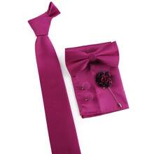 ZONFAZ 5pcs/Set Men's Business Classic Solid Color Necktie + Bow Tie + Pocket Square + Cufflinks + Lapel Pin Suit Accessory Set, Suitable For Weddings, Formal Events And Daily Suit Wear - Rose Red - View 3