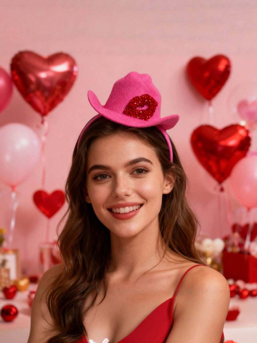 1件情人节粉色发箍，钻石红唇图案，迷你牛仔帽发箍，儿童和成人均可佩戴，派对装饰头饰 - 彩色 - 查看 1