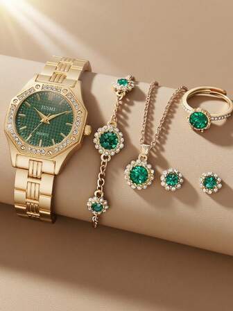 6件套优雅简约女童石英手表项链套装，简洁表盘设计，适合日常佩戴，是节日和年末促销的绝佳礼物之选。