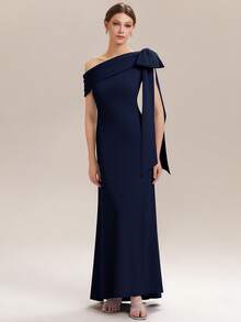 EVERPRETTY Đầm dài màu xanh navy thanh lịch, không tay, cổ lệch, được trang trí bằng nơ, phù hợp cho phụ nữ tham dự nhiều dịp trọng đại, tiệc trang trọng, đám cưới, tiệc mùa xuân, dạ hội tốt nghiệp, tiệc cưới bán trang trọng. - Màu xanh hải quân - Xem 5