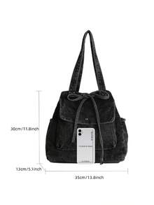 New Fashionable Casual Solid Color Washed Canvas Drawstring Tote Bag, Multi-Pocket Commuter & Shopping Shoulder Bag For Women - Black - View 6