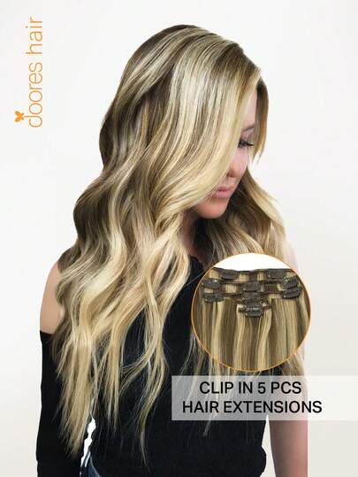 DOORES 5片装无缝直发夹式接发片，真人发丝，自然柔软，73-85克，100%巴西雷米真人发，适合头发稀疏的男女使用，双层夹式接发片，可打造全头造型——日常佩戴，易于佩戴，隐形效果极佳，适合冬季、圣诞节、角色扮演、校园和约会之夜等场合。