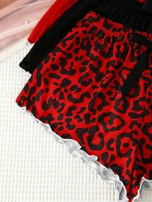 3pcs Contrast Lettuce Trim Solid And Leopard Print Bow Detail Lounge Shorts - Multicolor - View 5