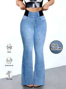 Women's High-Stretch Flared Pants With Faux-Denim Look Print – Slimming Retro Style Trousers, Comfortable, Breathable And Casual