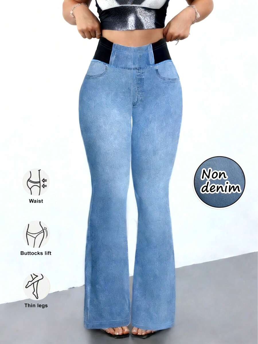 Women's High-Stretch Flared Pants With Faux-Denim Look Print – Slimming Retro Style Trousers, Comfortable, Breathable And Casual