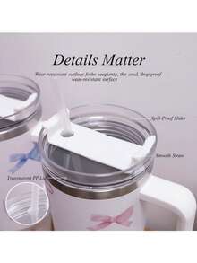 BENNY 1个浪漫蝴蝶结装饰40盎司大容量带把手保温杯，不锈钢真空保温杯，适合旅行、学校、办公室、户外、健身房、居家等场合，送给女性和青少年的礼物，节日和生日礼物（含吸管）