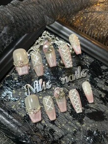 10片手工亚克力美甲贴纸，棺材形美甲，粉色美甲，粉色猫眼法式美甲，粉色扎染美甲，3D珍珠钻石美甲装饰，彩色闪亮美甲宝石，手绘几何图案，Y2K风格可穿戴美甲套装，亚克力美甲用品，适合女性和女孩在节日、日常、聚会、派对等场合使用。（包含：1片果冻胶和1片摩擦条）美甲用品 - 粉色 - 查看 2