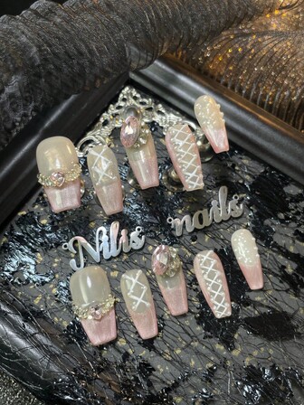 10pcs Handmade Acrylic Nail Art Stickers, Coffin Shaped Nails, Pink Nails, Pink Cat Eye French Manicure, Pink Tie-Dye Nails, 3D Pearl Diamond Nail Decorations, Colorful Shiny Nail Gems, Hand-Painted Geometric Patterns, Y2K Style Wearable Nail Art Set, Acrylic Nail Supplies Suitable For Women And Girls To Use On Holidays, Daily, Gatherings, Parties, Etc. (Includes: 1 Piece Of Jelly Gel And 1 Piece Of Friction Strip) Nail Art Supplies