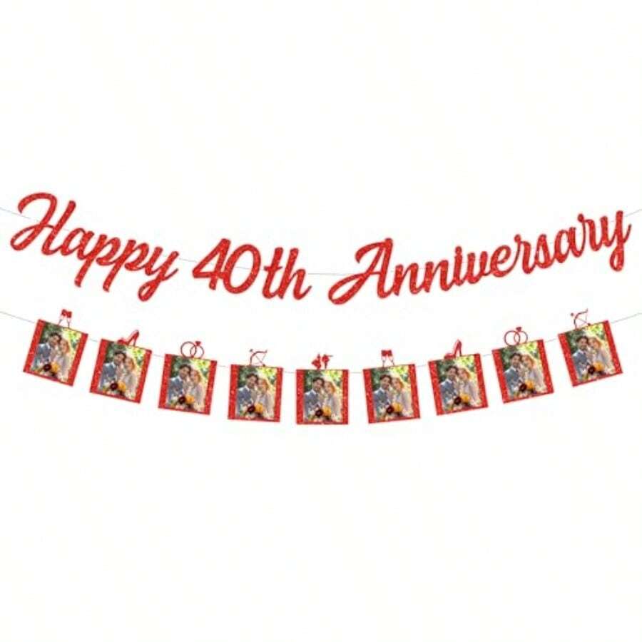 DHappy 40th Anniversary Banner Red 40th Ruby Anniversary Photo Banner Glitter Paper Garlands 40 Wedding Party Decoration For Cheers To 40 Years We Still Do 40 Years Party Plies - 紅色 - 查看 1
