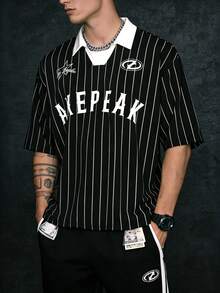 Camisa polo masculina de manga curta com listras verticais pretas e brancas, estilo streetwear, ideal para atividades ao ar livre, uso casual e deslocamentos diários. - Preto e Branco - Ver 9