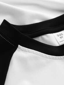 青少年/男童泰迪熊字母印花黑白短袖T恤，插肩袖设计，新款春夏童装 - 黑色 - 查看 6