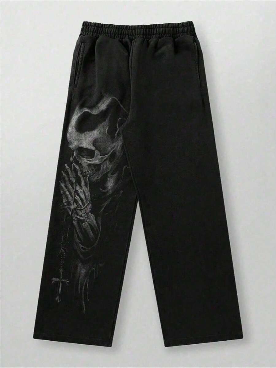 Men's Trousers, High Street Sweatpants, Jogging Sport Fitness Casual Pants, Straight And Loose Wide-Leg Pants, Long Pants - 黑色 - 查看 1