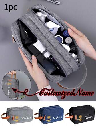 Customized Name Black Wash Bag, Travel Bag, Spacious Hook Storage Bag, Waterproof Makeup Box, Stylish Toiletries Handbag, Multi Compartment Easy To Carry Accessory Holder, Student Return To School Toiletries Bag, Dormitory Cosmetics Storage Bag