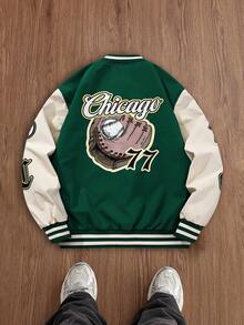 MAISONFOX Men's Color Block Letter Print Button Up Jacket,Men College Style Varsity Jacket, Vacation, Fashion, Long Sleeve Color Block Baseball Jacket - Army Green - View 2
