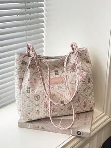 Túi tote hoạt hình thường ngày, kiểu dáng đi mua sắm, đi học, túi đeo vai, họa tiết ngẫu nhiên, không có mặt dây chuyền. - Hồng - Xem 2