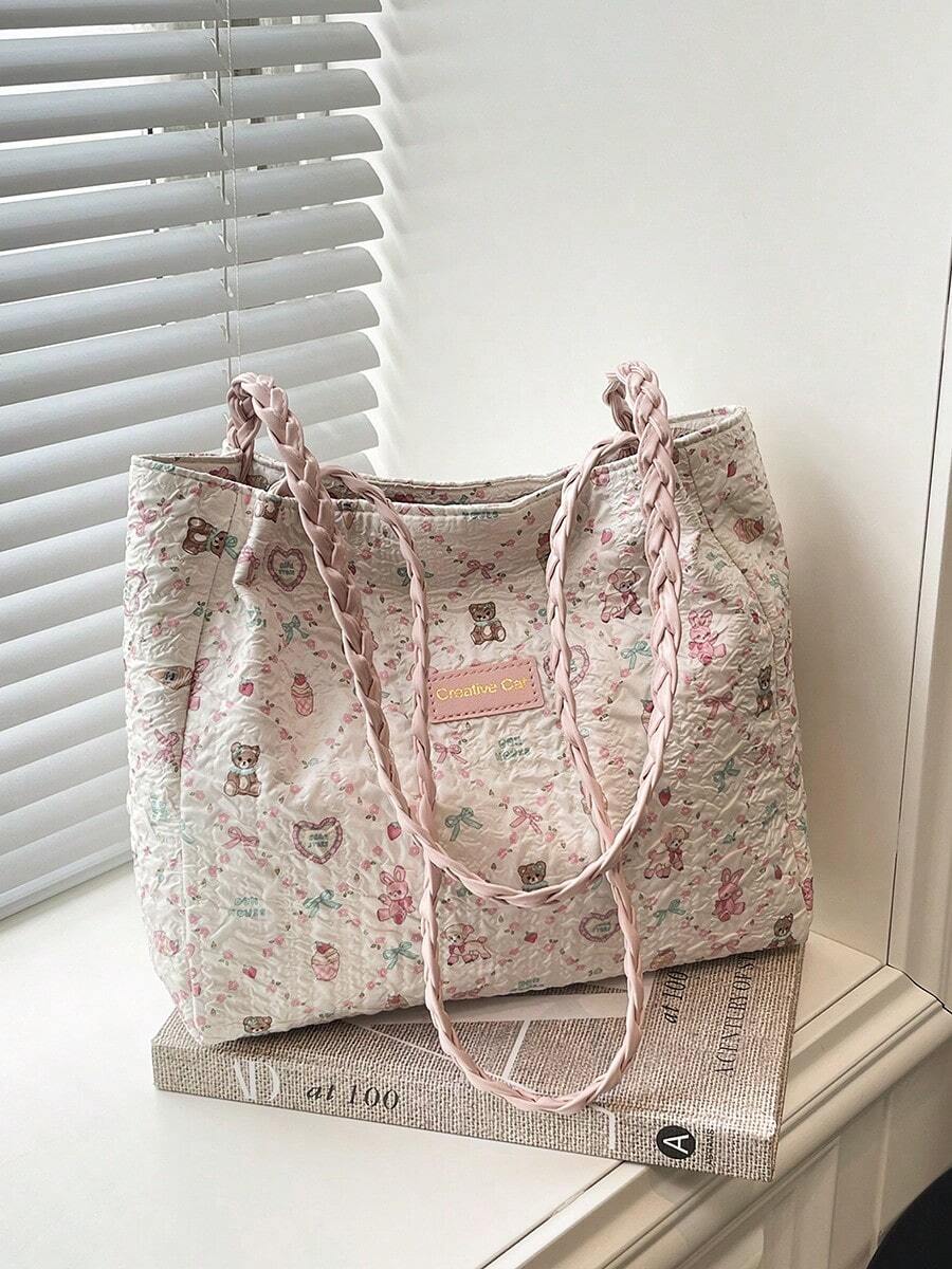 Túi tote hoạt hình thường ngày, kiểu dáng đi mua sắm, đi học, túi đeo vai, họa tiết ngẫu nhiên, không có mặt dây chuyền.
